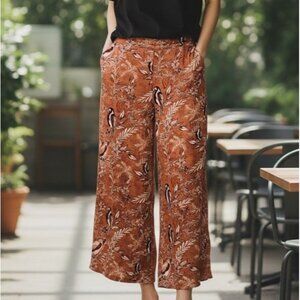 Tahari 100% Linen Brown Wide Leg Capri Pants Birds & Floral Print Womens Medium